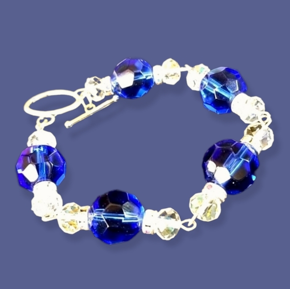 Hand Crafted Vintage Sapphire Crystal Rhinestone Bead Bracelet - Picture 1 of 16